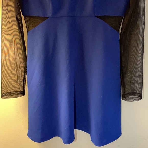 BCBG- Long Sleeves Bright Blue Mini Dress with Black Transparency - Picture 4 of 7